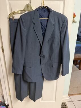 Vnt SEARS TAILORED MENS 2 Pc SUIT Jacket 42L Pants 36x29 70s Blue Poly Wool Flat